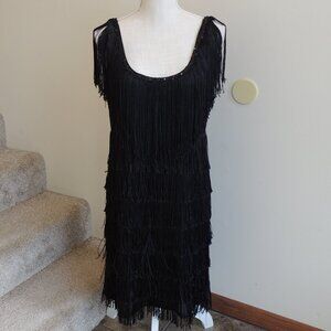 Black Fringe Flapper Dress 1920s Gatsby Costume XL Sequin Trim